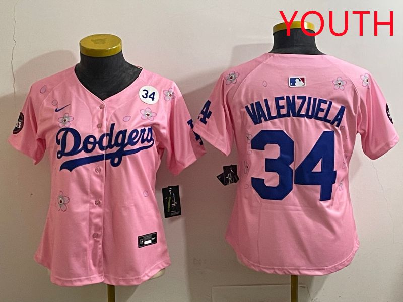 Youth Los Angeles Dodgers #34 Valenzuela Pink Sakura Edition 2025 Nike MLB Jersey style 39->youth mlb jersey->Youth Jersey